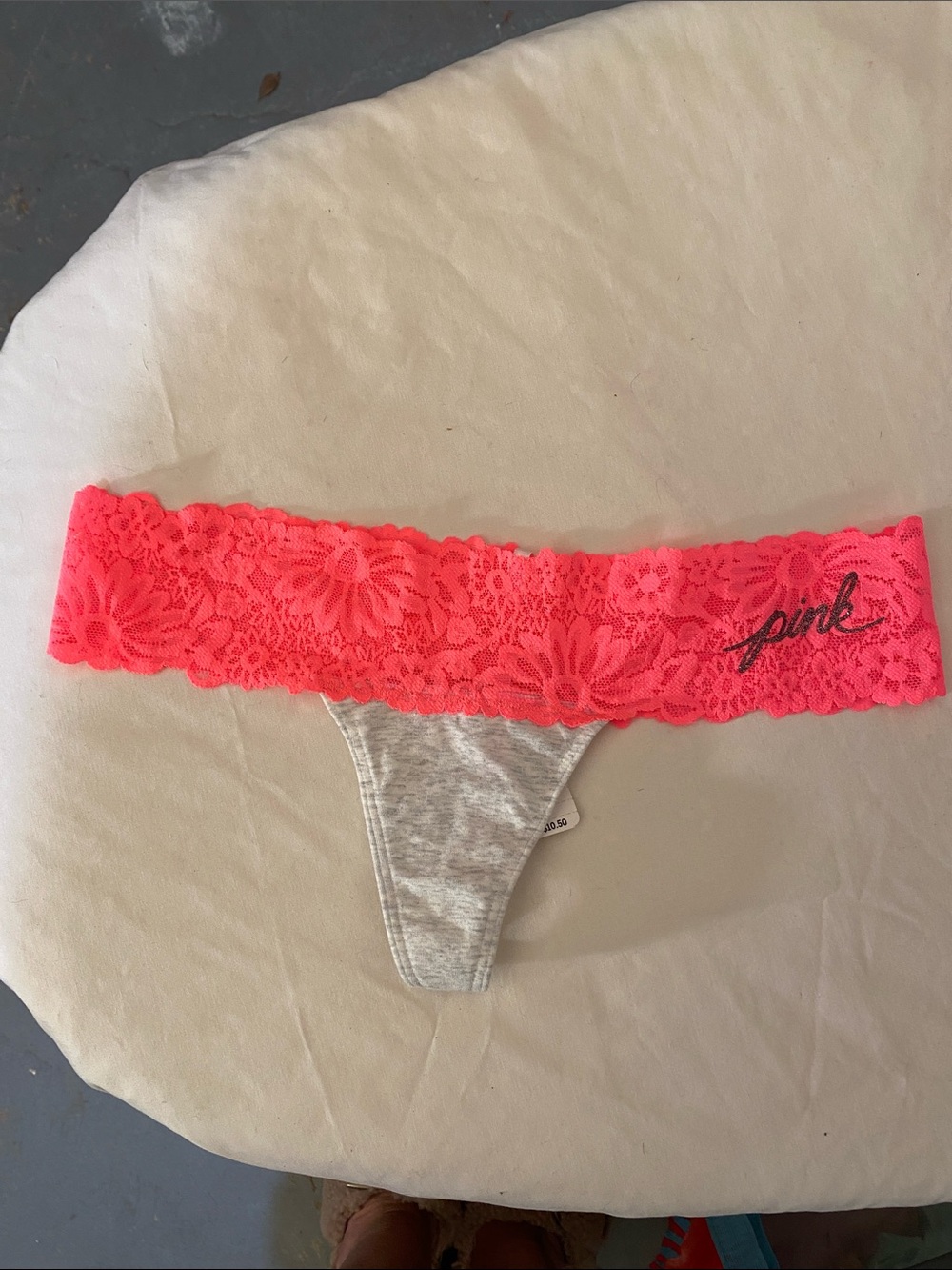 PINK Victoria's Secret Gray Cotton Thong with Neon Coral Lace Waistband